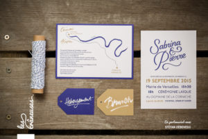 Faire-part bleu et doré - Calligraphie sur mesure - Lettrage mariage - Création graphique - Faire-part moderne - Faire-part original - Coupon brunch - Coupon diner - Les crâneuses